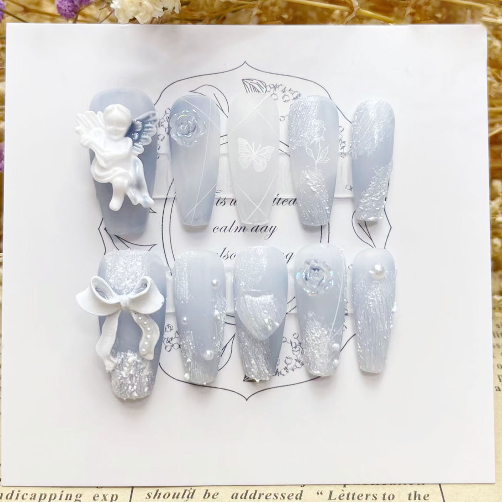 Pressed Flower Art - 3D-Gips-Engel-Kunstnägel, glänzend, Dunstblau, handgefertigt, zum Aufdrücken