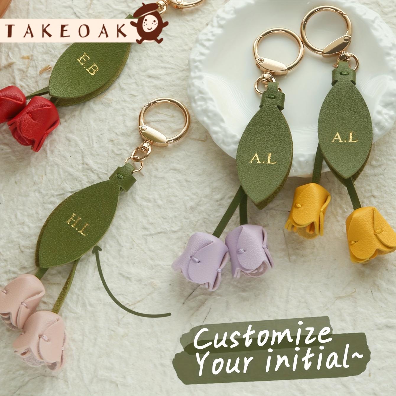 Monogram Keychain Leather - Personalisierter Leder-Tulpen-Schlüsselanhänger mit Initialen, Maßgefertigter Monogramm-Schlüsselanhänger