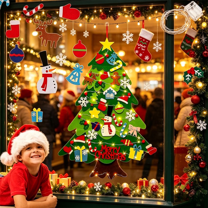 Family Tree Print - DIY Filz-Weihnachtsbaum mit Abnehmbaren Ornamenten, Neujahrs-Wanddekoration,